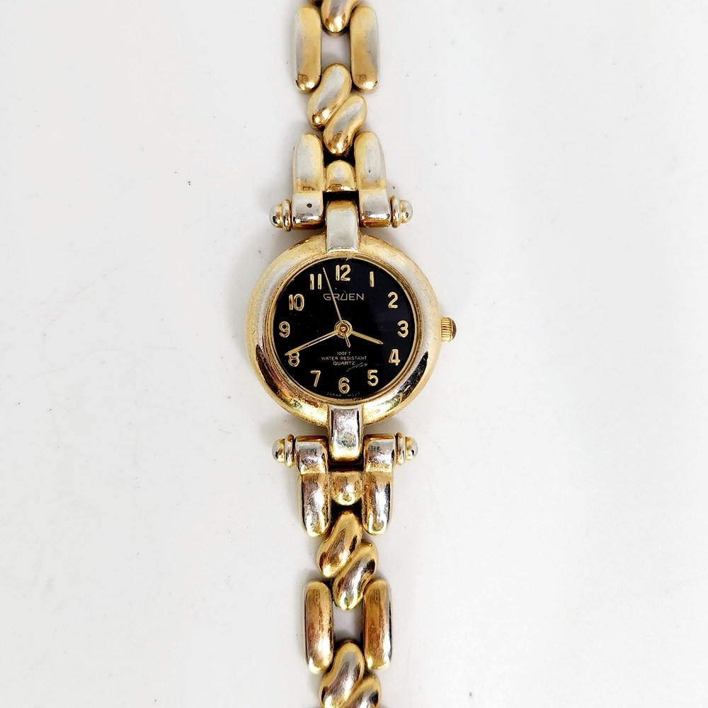 Gruen Geoffrey Beene Womans Quartz Watch 155 y121 Vtg Gold Tone Link New Battery
